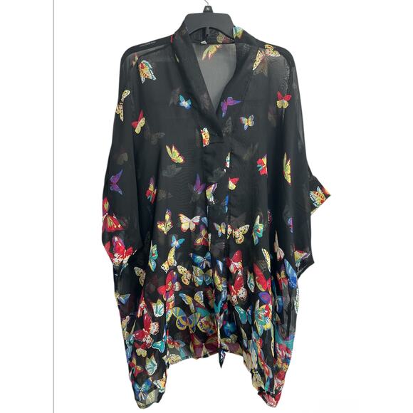 Black Multicolor Butterfly Sheer Cover-up Layer Kimono Women’s XL Extra Large - Picture 1 of 6